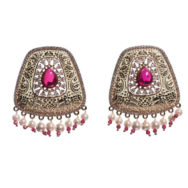 Cream Earrings With Pink Stone