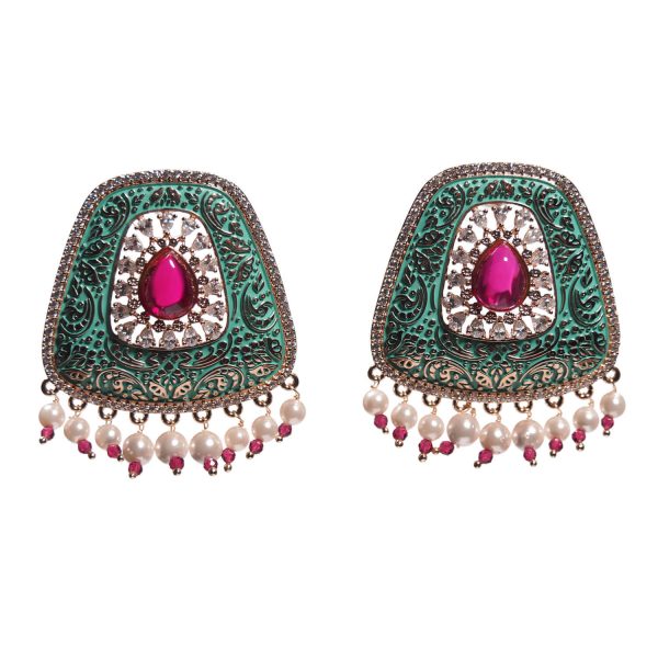 Green Earrings With Pink Stone