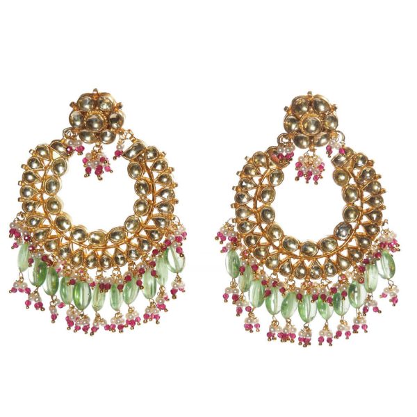 Gold Kundan Chandelier Green Earrings